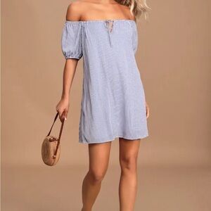 Lulu’s Keep It Fresh Blue and White Striped Off-the-Shoulder Mini Dress